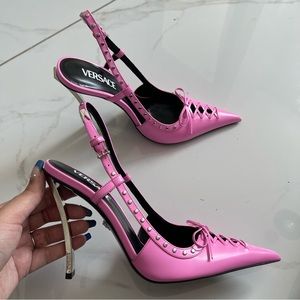 Versace Pink Leather Pointed toe Slingback Lace up Heel Pin Point